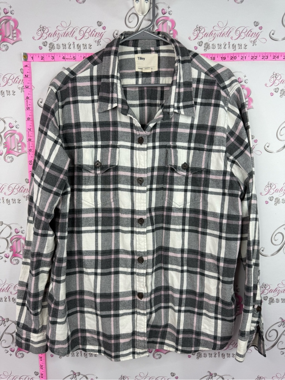 Tilley Plaid Button-Up Shirt in White, Gray & Pink